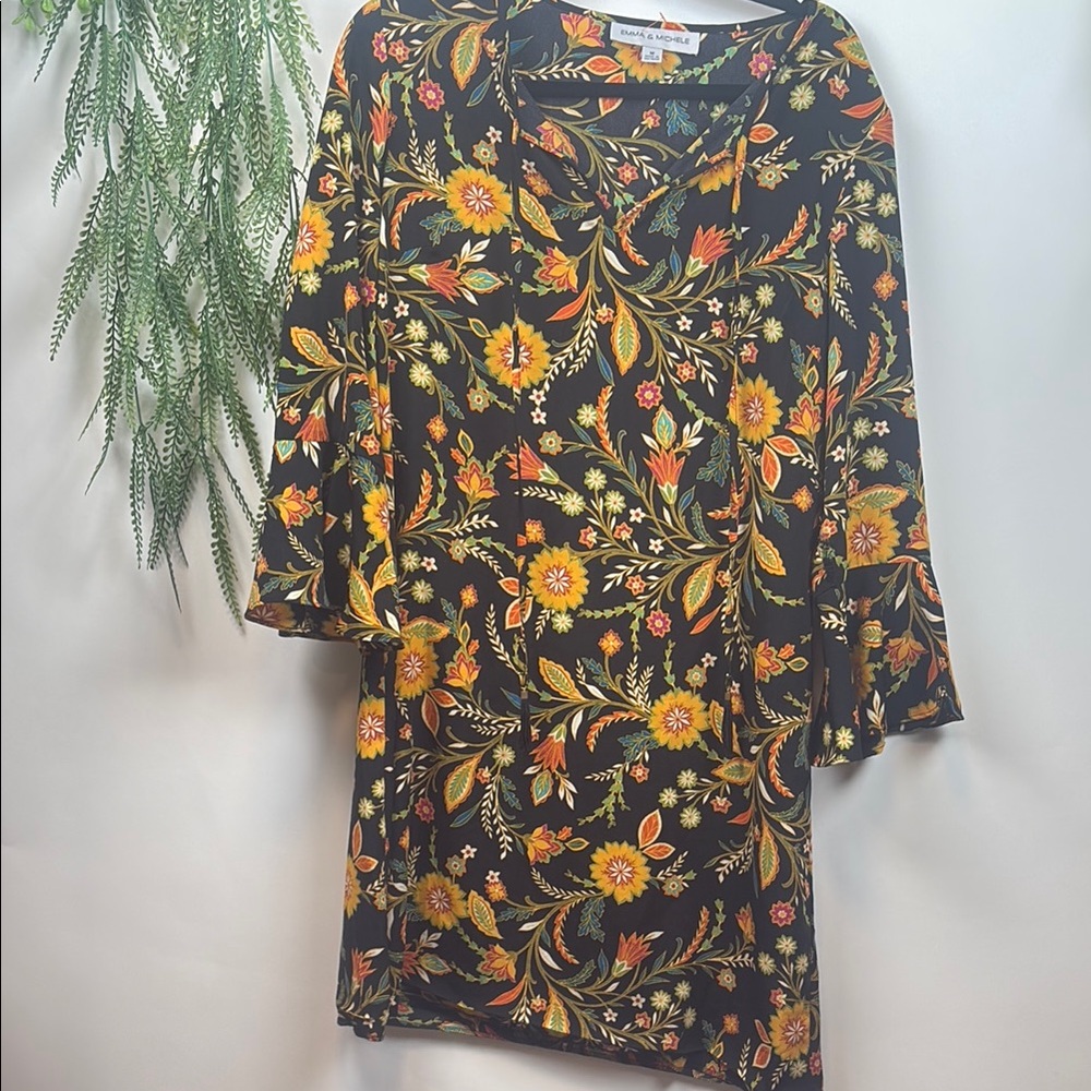 Emma & Michele Black Midi Dress with V-Neck and Bell Sleeves. ( ref T 423)
